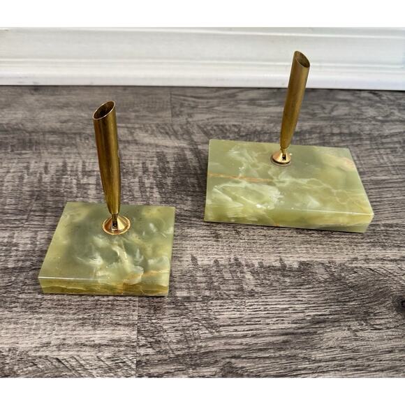 Set Of 2 Vintage Green Alabaster Fountain Pen Holders MCM Atomic Mad Men - Picture 1 of 16